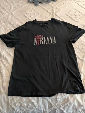 NIRVANA Black Tee with Pink Floral Logo